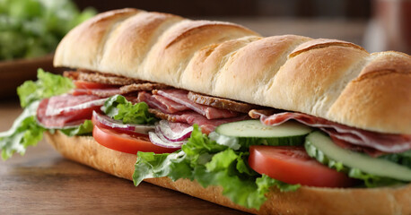 Mouthwatering hoagie sandwich filled with fresh vegetables, deli meats, served on wooden table.