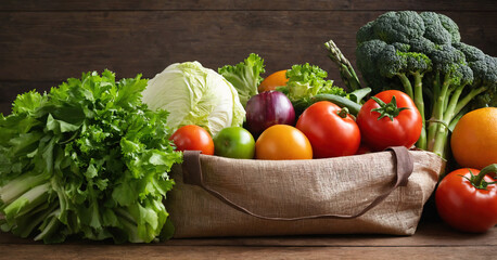 Brown paper bag filled with assorted fresh vegetables, ideal for grocery shopping or healthy food concepts.