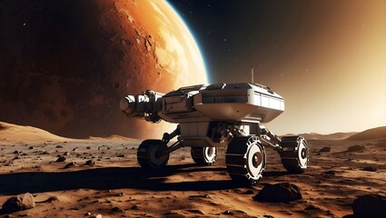 An advanced car drives on Mars over rocks in a hot atmosphere next to other planets
