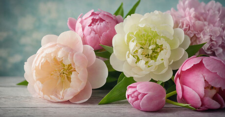 Bouquet of yellow and pink peonies on the table