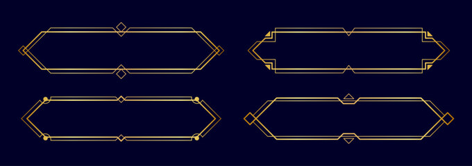 Art deco frames, golden elegant antique borders, decorative game buttons or labels isolated on dark background. Vector illustration. © Likanaris