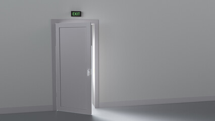 3D illustration а bright light shines from a slightly open door in the darkness.
