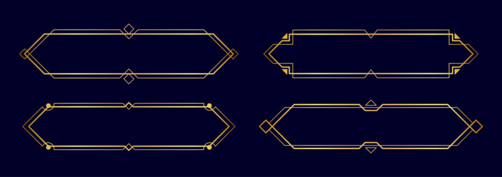 Art deco frames, golden elegant antique borders, decorative game buttons or labels isolated on dark background. Vector illustration.