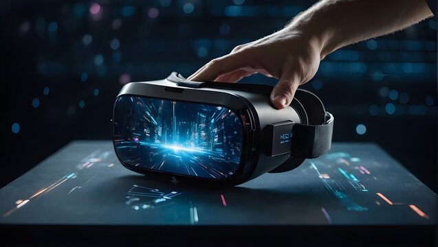 A hand holding modern virtual reality glasses in advanced technology in scientific innovation