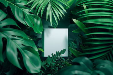 product presentation platform, surrounded by green jungle leaves, viewer is looking through some leaves in the foreground, everything is tropical green, mockup