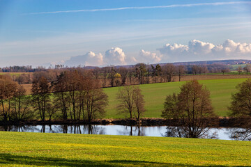 Scenic landscape with fields and river early spring