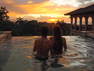 Couple looking at the sunset in an infinity pool in 5 stars hotel in the nature