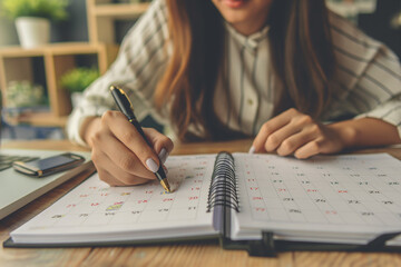 2024 Event planner timetable agenda plan on schedule event. Business woman checking planner taking note on calendar desk on office table. Calendar event plan work planning
