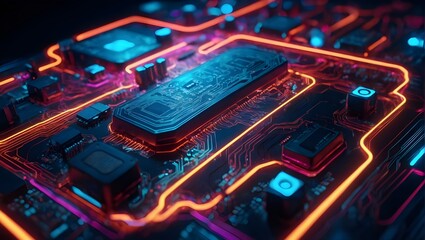 Visualization of Abstract Tech Background with Glowing CPU and Futuristic Neon Motherboard - obrazy, fototapety, plakaty