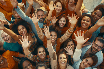 Happy Diverse Group Raising Hands in Unity Aerial Shot - obrazy, fototapety, plakaty