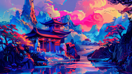 abstract landscape background with clouds, coral reef in the sea, chinese new year of the dragon, temple in the morning, bridge over the river