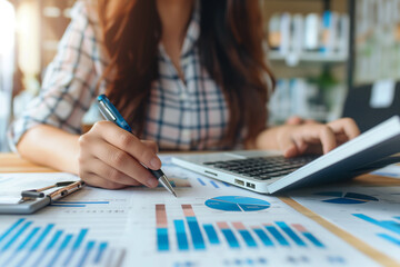 Business Financing Accounting Banking Concept Businesswoman doing finances and calculating financial report with business graph growth cahrt finance and investment concept - obrazy, fototapety, plakaty