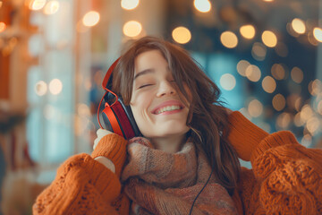 Young Lady Happily Absorbed in Music Appreciation with Headphones in Contemporary Surroundings - obrazy, fototapety, plakaty
