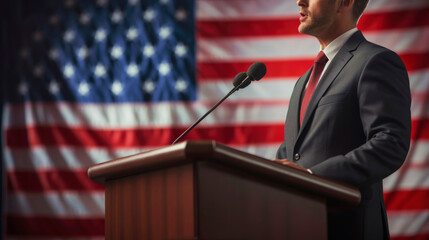 Businessman or politician making speech from behind the pulpit with national flag on background - United States - obrazy, fototapety, plakaty