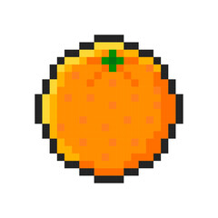 Pixel orange isolated on white background. Pixelated sticker. Slot machine or video game item. Fruit icon. Vector pixel art illustration in 8 bit old style.