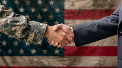 Soldier and businessman shaking hands against flag of USA, closeup