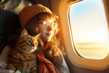A young girl owner holds a cat in the airplane cabin near the window during the flight. Vacation, travel and moving concept with pet. Traveling with a cat by plane. Traveling cat - obrazy, fototapety, plakaty