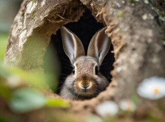 Naklejka na ściany i meble Rabbit in burrow. Easter spring wallpaper.