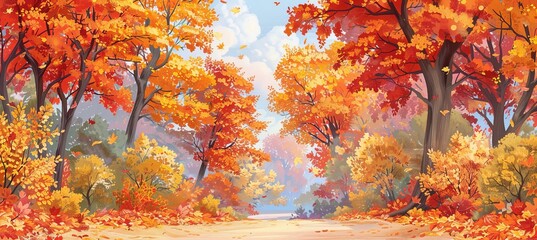 Enchanting fall forest scene with vibrant foliage, swirling leaves, golden light filtering through.