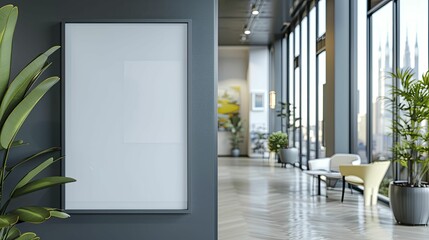 White mockup poster frame against blurred office background is perfect for corporate branding.
