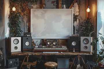 White mockup poster frame on retro music studio backdrop, perfect for selling vintage audio gear.
