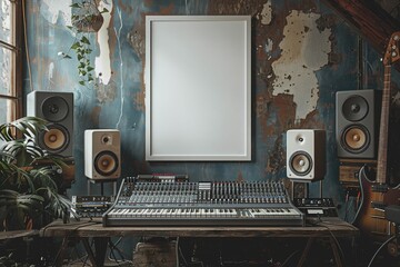 Close up white mockup poster frame in a retro music studio is ideal for selling vintage audio equipment.