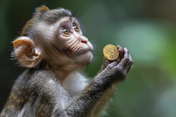 Zelfklevend Fotobehang Curious monkey reaching for a golden coin in a jungle green background, perfect for playful investment or savings app promotions. © Manyapha