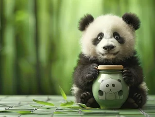 Deurstickers Friendly panda holding a savings jar, set against a calming green bamboo background, for eco-friendly banking promotions. © Manyapha
