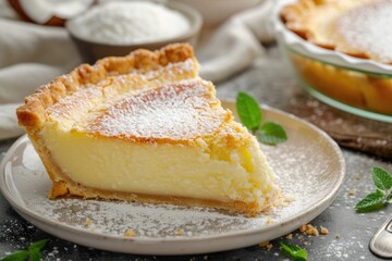 Homemade Sweet Sugar Cream Pie on a Butter Coconut Crust. Creamy Deliciousness for Your Bakery and Cookery Backgrounds