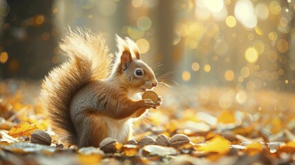 A joyful squirrel with a nut gold coin, set against a lively forest floor background, offering personal savings and investment advice.