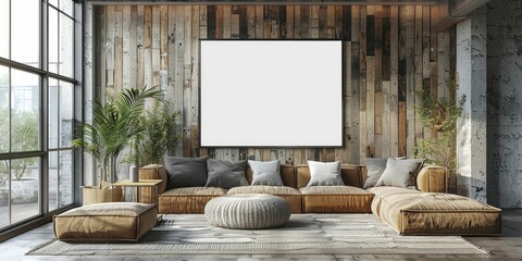 Loft apartment living room background with a close up white poster frame mockup, suitable for modern furniture ads.