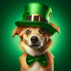 Happy Dog wearing leprechaun hat, St. Patrick’s Day, isolated on a  green background, Celebrating Patrick day