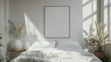 Loft bedroom setting featuring a white poster frame mockup, perfect for showcasing bedding or interior design promotions.