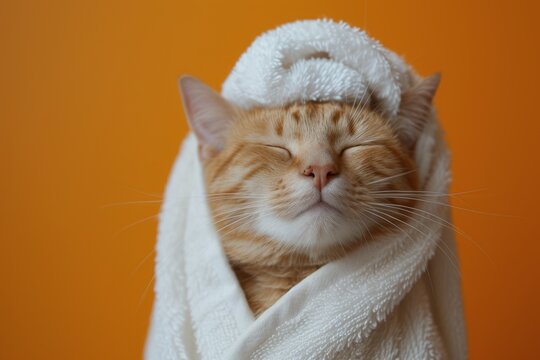 A happy morning image. A red-haired cat in a bathrobe and with a towel on his head rejoices on an orange background
