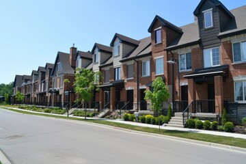 Fototapeta na wymiar New Condominiums in Row of Townhomes. Modern Homes for Comfortable Living