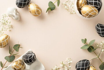 Deluxe Easter scenario: top-down view of plush black and gold eggs in a clay holder, ceramic rabbit, eucalyptus shoots, gypsophila, laid on a pastel beige palette, gap for text