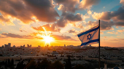 Flag of Israel in Jerusalem. Israeli national colors.