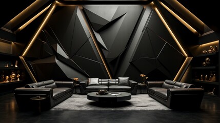 A modern living room featuring a black and gold color scheme, with sleek furniture and stylish...