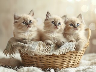Kittens playfully surrounded by cash and coins in a cozy cream basket, perfect for family-focused shopping promotions.