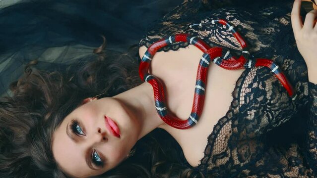 Gothic fantasy woman dark queen of snakes. Girl vampire sleeping. Girl fashion model lies with snake red anaconda sinaloa crawls over beauty face blue eyes sexy lips, black dress art video footage 4k