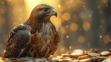 Vigilant hawk soaring over a landscape of skyscrapers and coins, dawn sky background, for ambitious business consulting services.