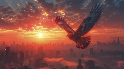 Vigilant hawk glides over skyscrapers and coins against dawn sky for ambitious business consulting services.