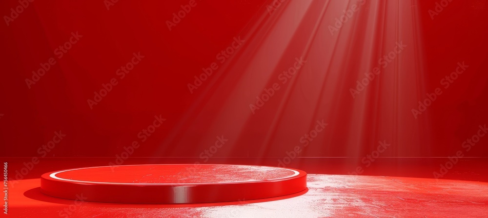 Poster red podium product display on light studio stage platform with abstract scene floor background