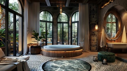A luxurious bathroom featuring a large jacuzzi tub for a relaxing soak. - obrazy, fototapety, plakaty