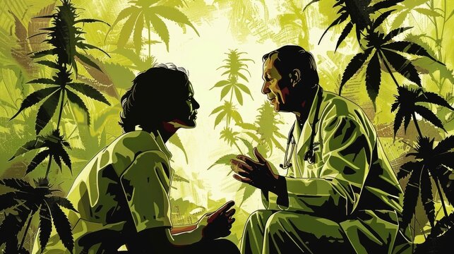 A conceptual image of a doctor in a white coat, symbolizing the medical authority, amidst lush cannabis plants, representing the embrace of plant-based medicine, medical marijuana legalization