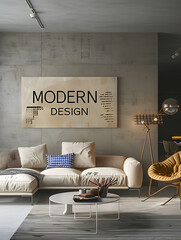 Modernes Wohnzimmer mit stilvollem Schriftzug: Zeitgemäßes Wohnen in Designästhetik - obrazy, fototapety, plakaty