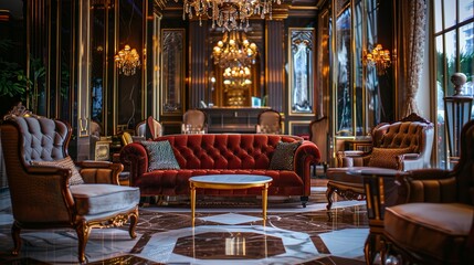 Fototapeta na wymiar An elegant vintage lounge featuring a plush red sofa, elaborate chandeliers, and classic furnishings.
