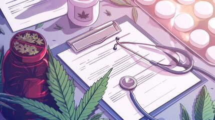 Artistic depiction merges cannabis leaves and a stethoscope, symbolizing the medical exploration of cannabis in modern healthcare, medical marijuana legalization