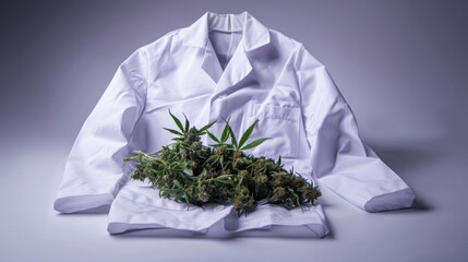 A conceptual image of a doctor in a white coat, symbolizing the medical authority, amidst lush cannabis plants, representing the embrace of plant-based medicine, medical marijuana legalization