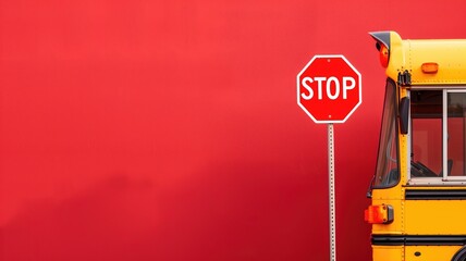 A bright red stop sign in focus beside a yellow school bus